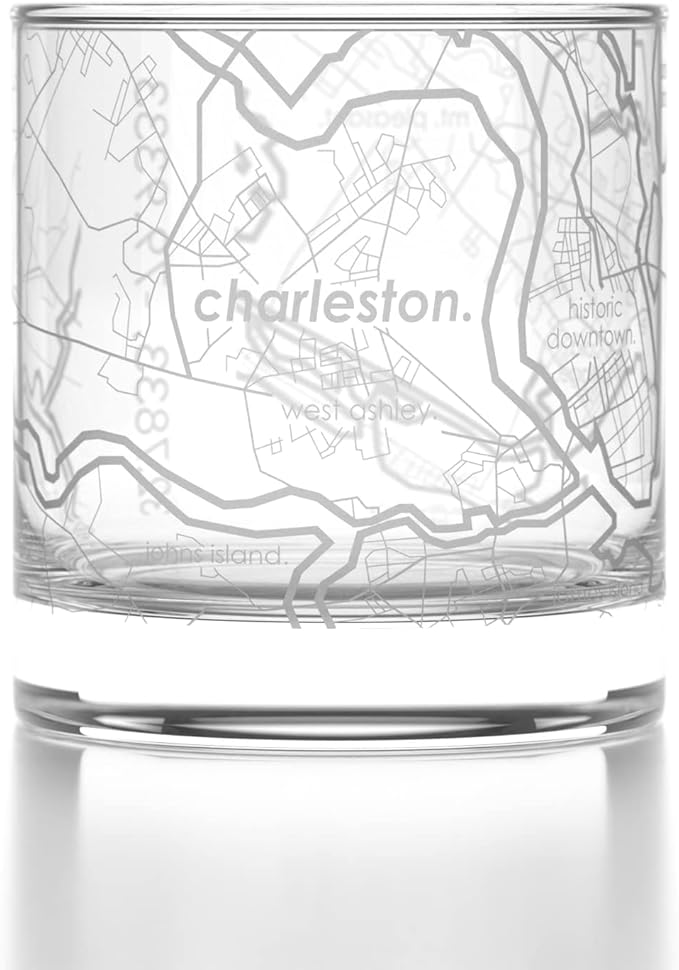 Well Told Engraved Charleston South Carolina Map Rocks Glass, Old Fashioned Whiskey Glass (11 oz, Clear) Etched Whiskey Glass, Gifts For Whiskey Lovers