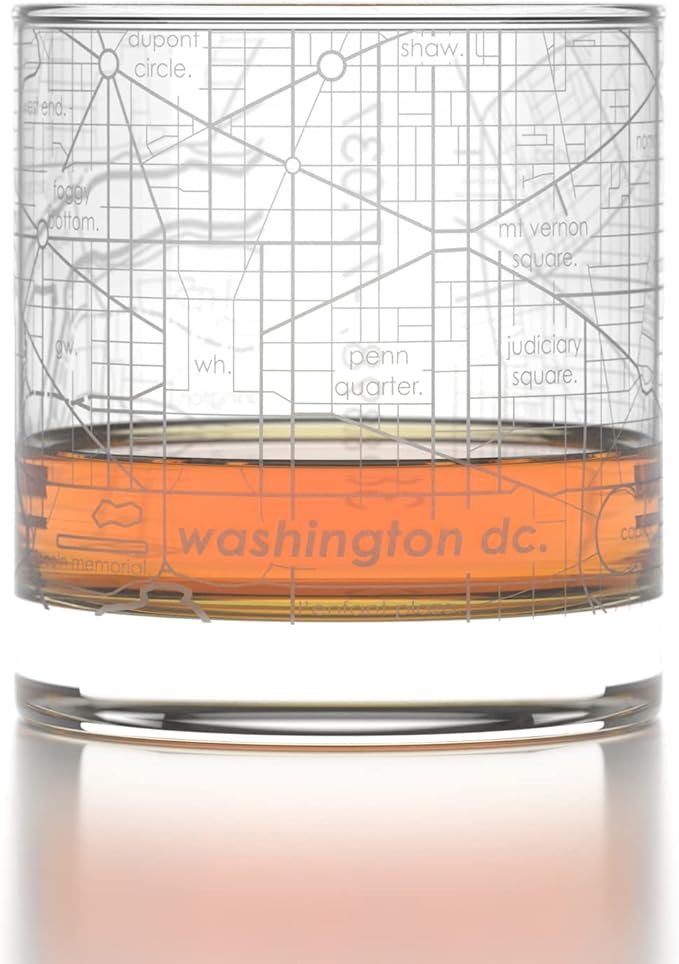 Well Told Engraved Washington DC Map Rocks Glass, Old Fashioned Whiskey Glass (11 oz, Clear) Etched Whiskey Glass, Gifts For Whiskey Lovers