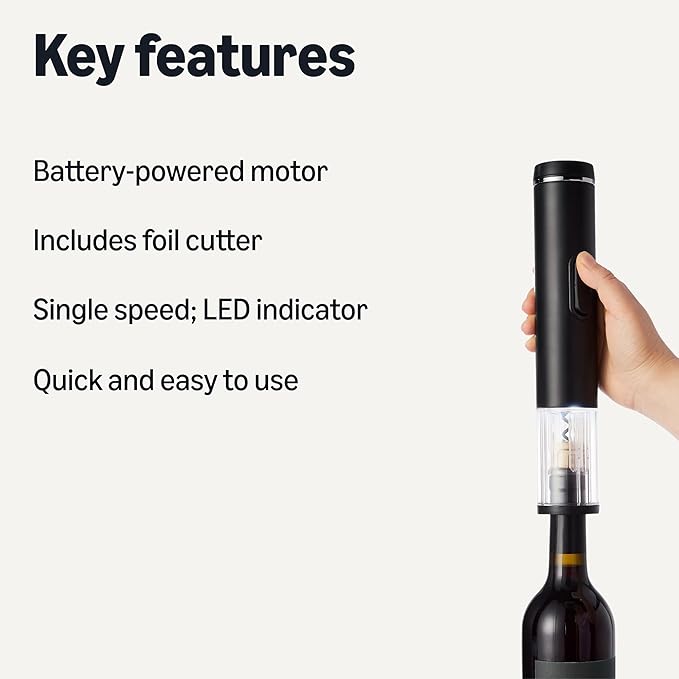 Amazon Basics Cordless Electric Wine Opener with Foil Cutter, Battery Operated, Black