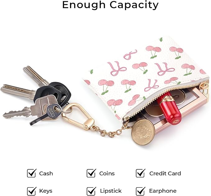 Coquette Bow Keychain Cute Coin Purse for Women, Small PU Leather Change Pouch, Zipper Little Tiny Travel Wallet for Girls, Kawaii Zip Pocket Coin Holder with Key Ring
