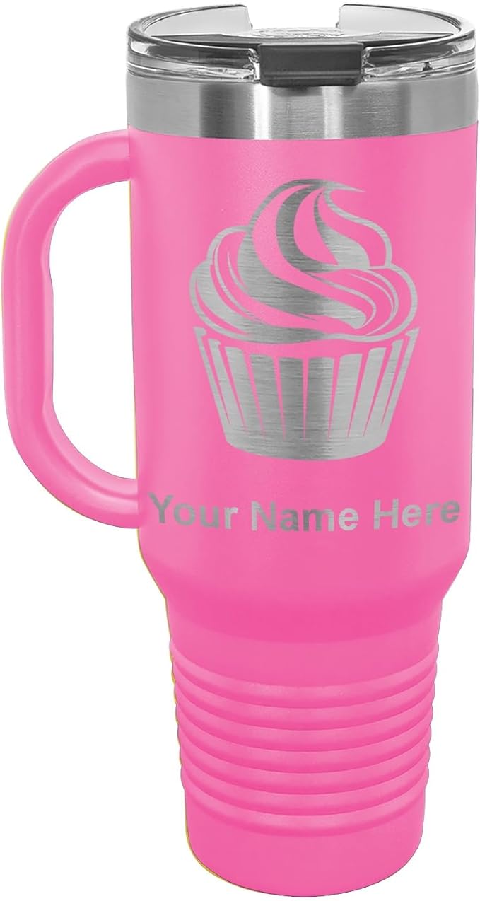 LaserGram 40oz Vacuum Insulated Travel Mug with Handle, Cup Cake, Personalized Engraving Included (Pink)