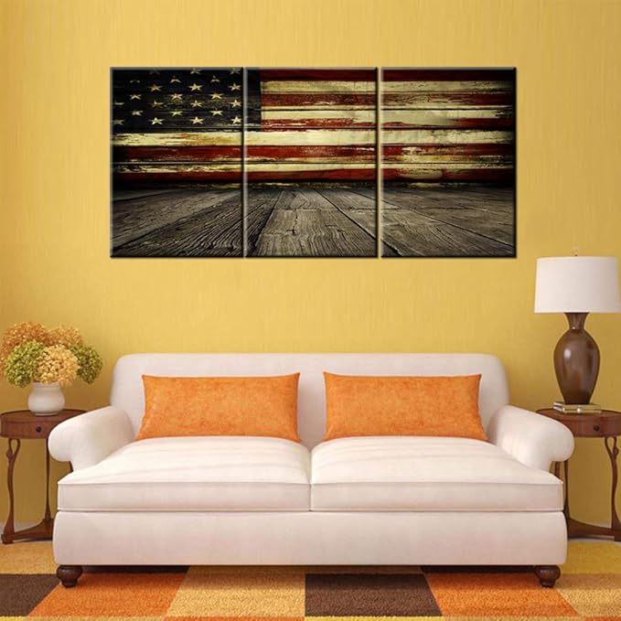 Native American Flag Pictures Patriotic Artwork for Living Room Red White Stripes Paintings 3 Piece Prints Wall Art on Canvas Country House Decor Framed Gallery-Wrapped Ready to Hang (60''Wx28''H)