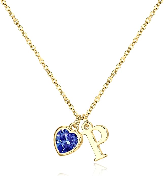 Turandoss Valentines Day Gifts for Her Trendy, Dainty 14K Gold Plated Initial A-Z Heart Birthstone Pendant Necklace Personalized Bridesmaid Birthday Valentines Jewelry Gifts for Women Girls