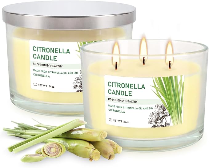 Citronella Candle Outdoor 2-Pack - 14oz Each 3-Wick Candles in Clear Glass Jars, Made with Citronella Oil & Soy Wax for Patio, Camping, Backyard, Emergency & Outdoor Ambiance.