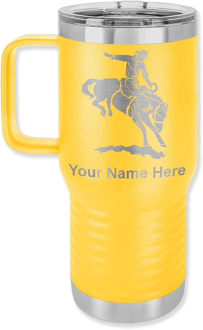 LaserGram 20oz Vacuum Insulated Travel Mug with Handle, Bronco Rider, Personalized Engraving Included (Yellow)