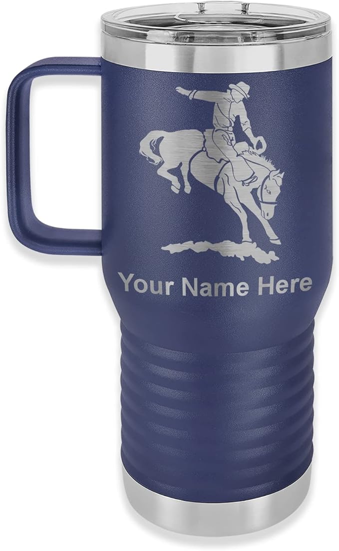 LaserGram 20oz Vacuum Insulated Travel Mug with Handle, Bronco Rider, Personalized Engraving Included (Navy Blue)