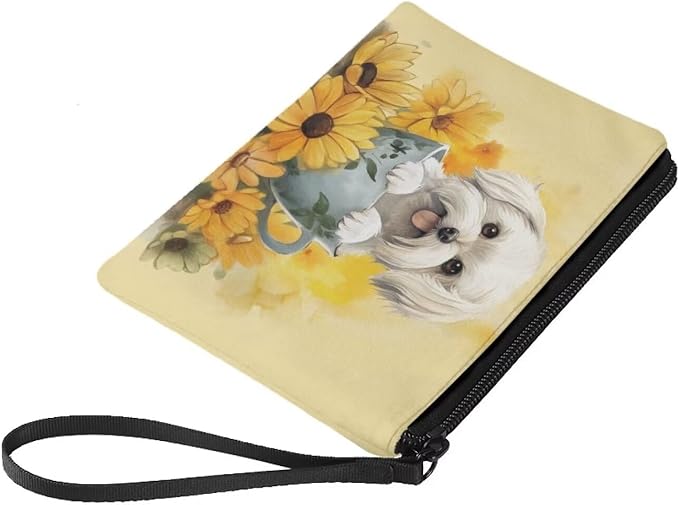 Dolyues Cute Dog Coin Purse for Women with Wrist Strap, Sunflower Wallet Travel Money Coin Bag Handbag Zipper Change Pouch