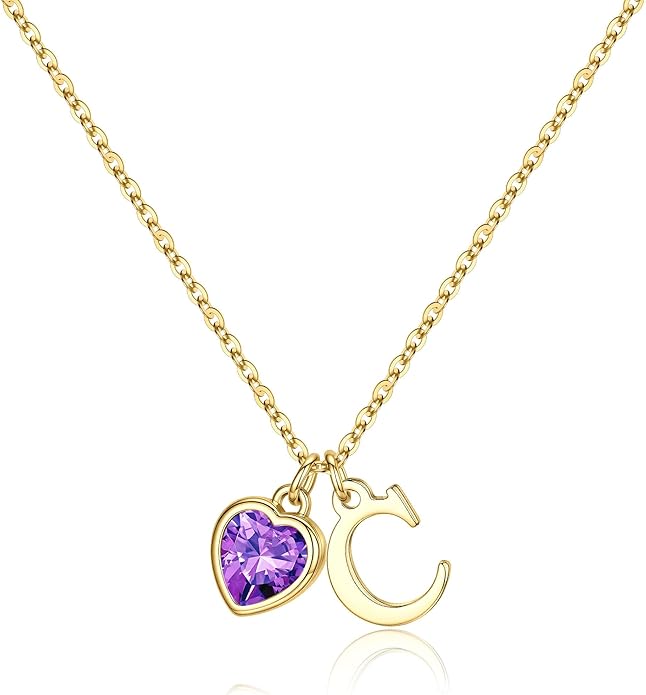 Turandoss Valentines Day Gifts for Her Trendy, Dainty 14K Gold Plated Initial A-Z Heart Birthstone Pendant Necklace Personalized Bridesmaid Birthday Valentines Jewelry Gifts for Women Girls