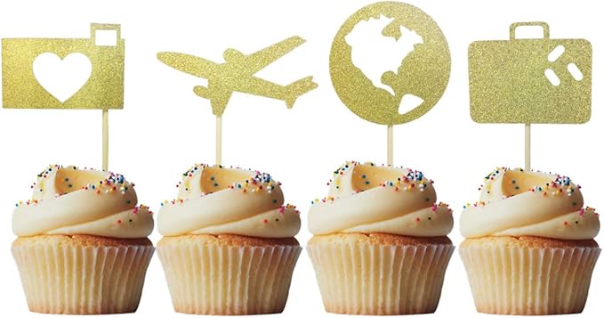 Morndew 24 PCS Airplane Heart Traveling Case Earth Cupcake Toppers for World Travel Themed Party Baby Shower Birthday Party Wedding Party Decorations