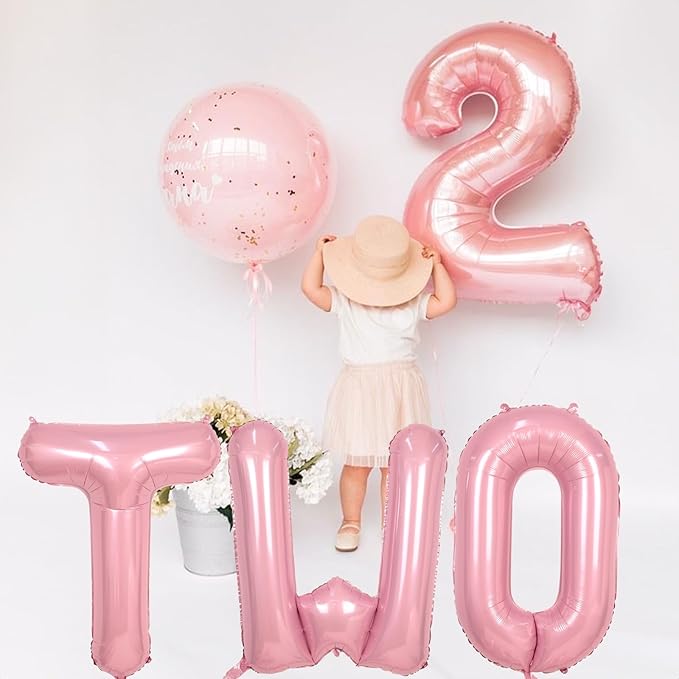 40 Inch Pastel Pink TWO Letter Balloons, Light Pink TWO Balloon Letters with Ribbon, Pearl Pink Alphabet TWO Balloon for Kid Girls 2 Year Old Birthday Second 2nd Anniversary Party Decorations