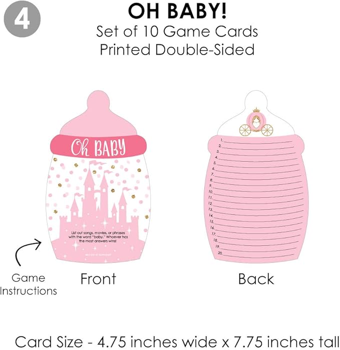 Big Dot of Happiness Little Princess Crown - 4 Pink and Gold Princess Baby Shower Games - 10 Cards Each - Who Knows Mommy Best, Mommy or Daddy Quiz, What’s in Your Purse and Oh Baby - Gamerific Bundle