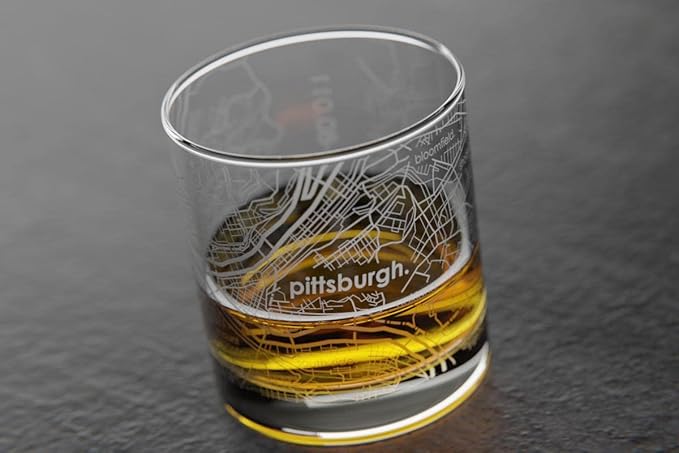 Well Told Engraved Pittsburgh Pennsylvania Map Rocks Glass, Old Fashioned Whiskey Glass (11 oz, Clear) Etched Whiskey Glass, Gifts For Whiskey Lovers