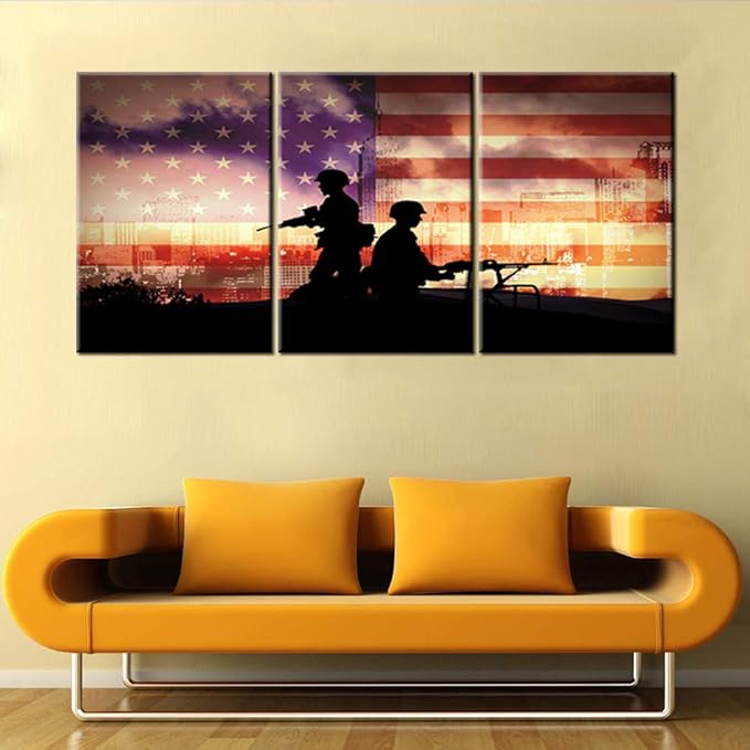 Native American Flag Wall Decor USA Soldiers Paintings Military Gun Black Pictures 3 Panel Canvas Wall Art Bedroom House Decor Patriotic Artwork Framed Ready to Hang Posters and Prints(42''Wx20''H)