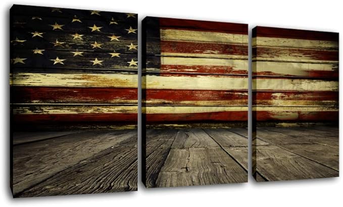 Wall Pictures for Living Room Native American USA Flag Wall Art on Canvas Wooden Floor Paintings 3 Piece Patriotic Artwork Giclee Contemporary House Decor Framed Stretched Ready to Hang(42''Wx20''H)
