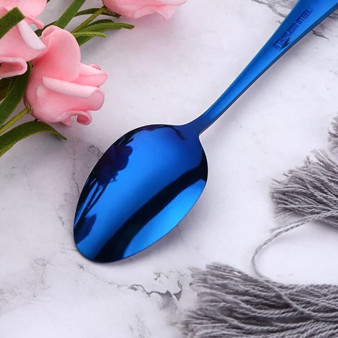 Blue Unique Pattern Design Coffee Espresso Spoons Mini, Mingcheng Stainless Steel Small Teaspoons Silverware Set of 6, BISDARUN 5.5 Inches Food Spoons for Demitasse Dessert Tea