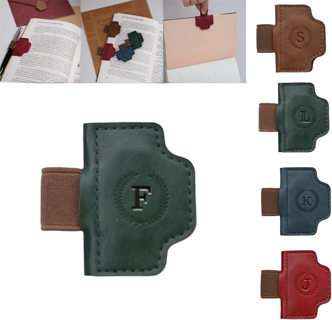 Personalized Magnetic Bygone Mark Bookmark with Pen Holder, 26 Letters Name Initial Custom Leather Book Mark for Women, Gifts for Book Lovers and Readers (Green,F)