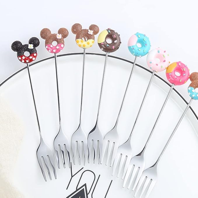 8 Pcs Stainless Steel Drink Fork Set Donut Silver Forks Cutlery Set for Cake,Ice Cream,appetizers,Salad,Dessert.Donut Shape Fruits Forks