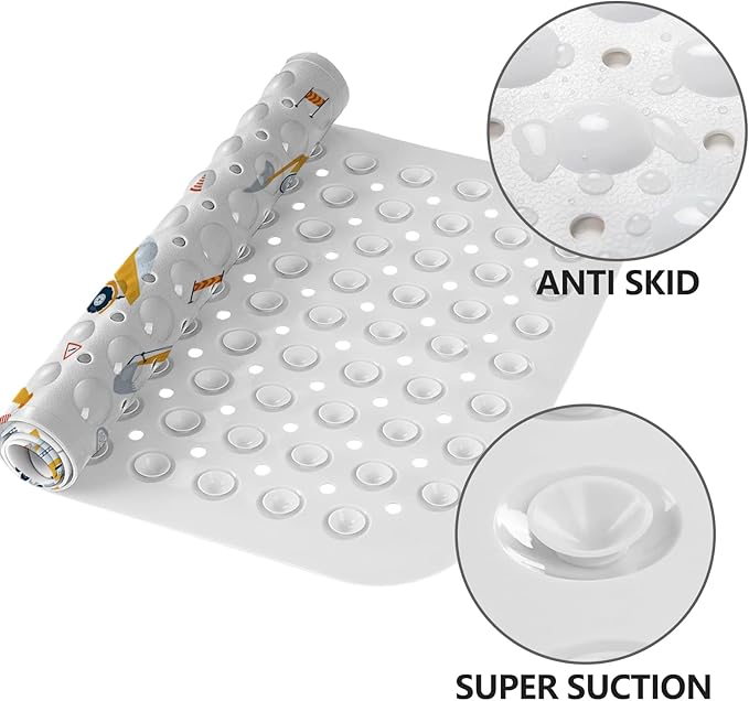 Lnond Kids Non-Slip Bathtub Mat, Extra Long PVC Bath Safety Mat with Strong Suction Cups, Soft & Comfortable, Easy to Clean, for Safer Family Bath Time (Yellow Excavator)