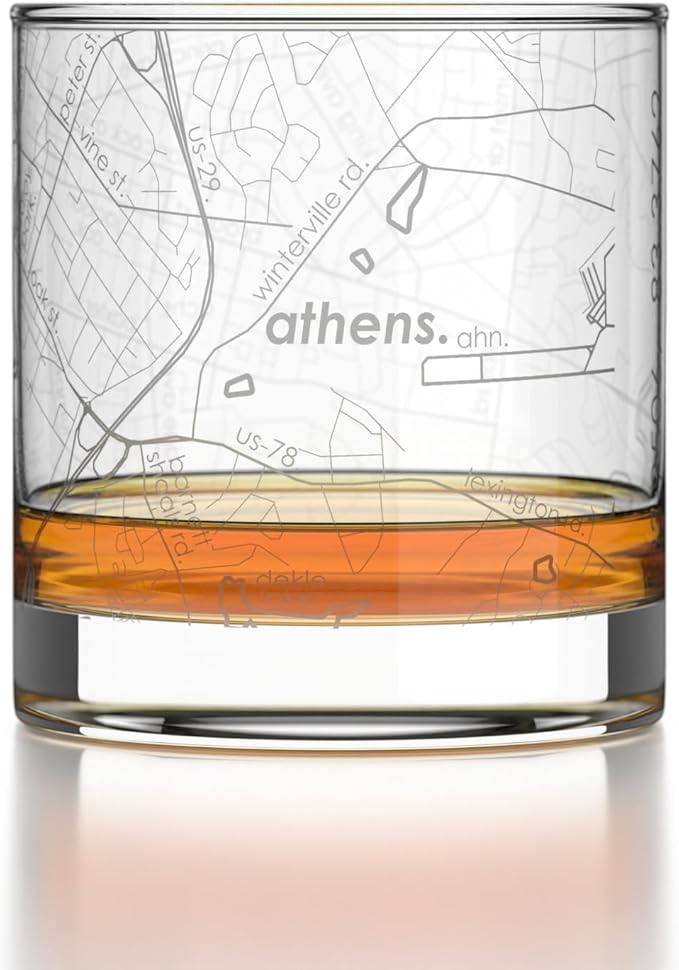 Well Told Engraved Athens Georgia Map Rocks Glass, Old Fashioned Glassware (11 oz, Clear) Etched Bourbon Tumbler, Gifts For Whiskey Lovers
