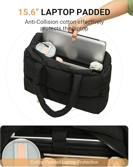 Herald Puffer Tote Bag for Women, Large Quilted Puffy Handbag Lightweight Satchel Purse with Cup Holder & Compartment