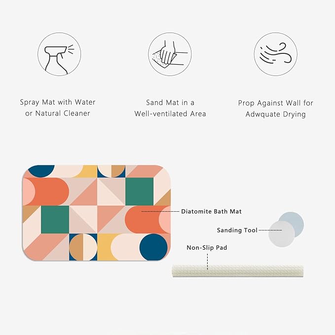 Colored Geometric Patterns Diatomite Stone Bath Mat Diatomaceous Earth Shower Mat Quick-Dry, Non-Slip, Easy to Clean for Bathroom Floor