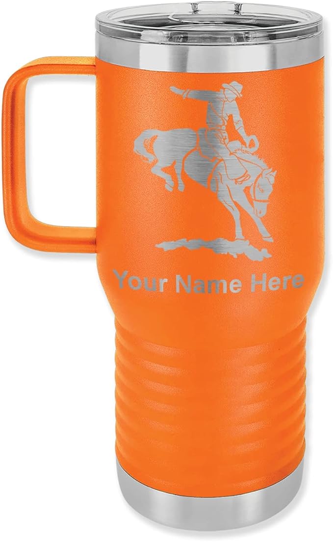 LaserGram 20oz Vacuum Insulated Travel Mug with Handle, Bronco Rider, Personalized Engraving Included (Orange)