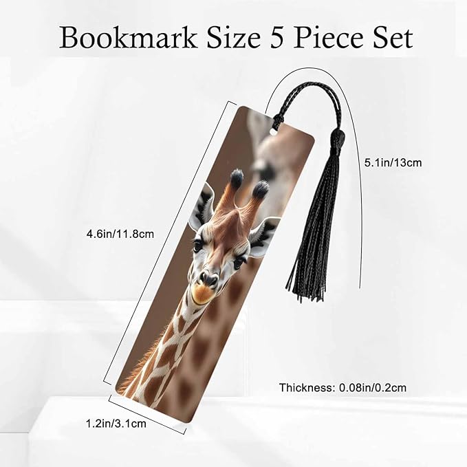 Giraffe Bookmarks 5 Pcs with Tassels Animal Cute Brown Spots Wooden Bookmarks for Reading Women Students Teacher Reader