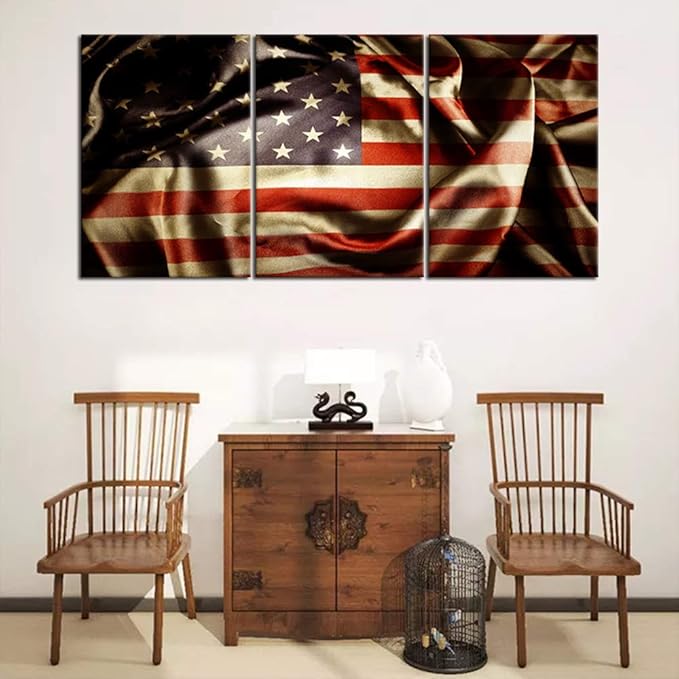 Patriotic Pictures Native American Flag Painting Thin Blue Red Line Artwork 3 Panel Canvas Wall Art for Living Room Home Modern Decor Giclee Wooden Framed Ready to Hang Posters and Prints(48''Wx24''H)