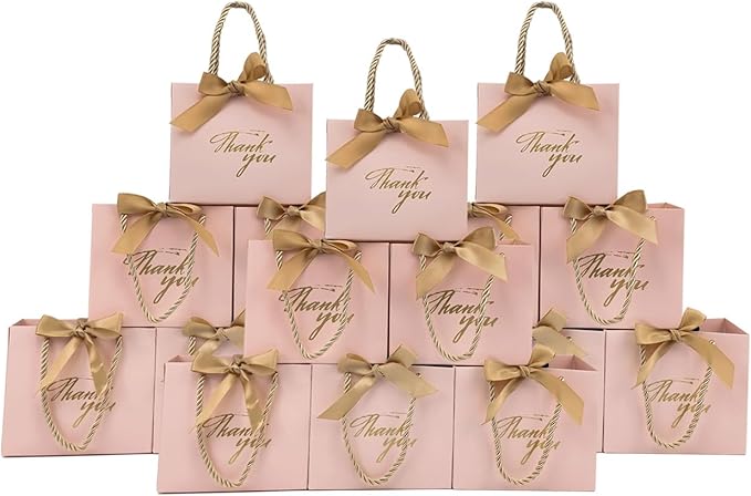 TKSBAG 100 Pack Small Thank You Gift Bags with Handles, 5.5''x 2.5''x4.7'' Mini Pink Gift Bags Bulk for Baby Shower, Birthday, Wedding, Party Favors