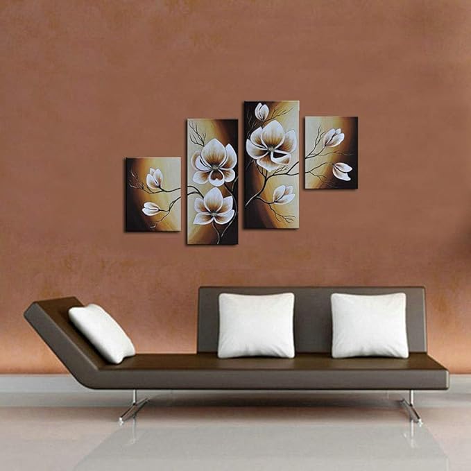 Wieco Art Large Modern 4 pcs 100% Hand Painted Gallery Wrapped Abstract Floral Oil Paintings on Canvas Wall Art Yellow Flowers Bloom Artwork Ready to Hang for Living Room Bedroom Home Decorations L