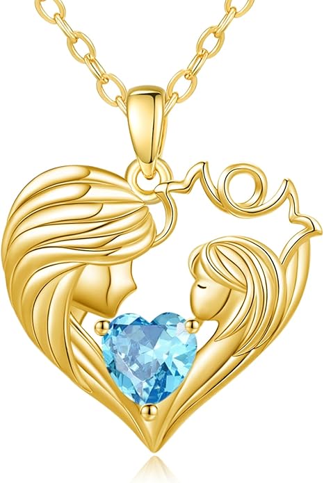 Mother and Daughter/Son Love Heart Necklace White Gold/14K Gold/Rose Gold Birthstone Jewelry Christmas Mothers Day Birthday Gifts For Mom Wife Grandma Women