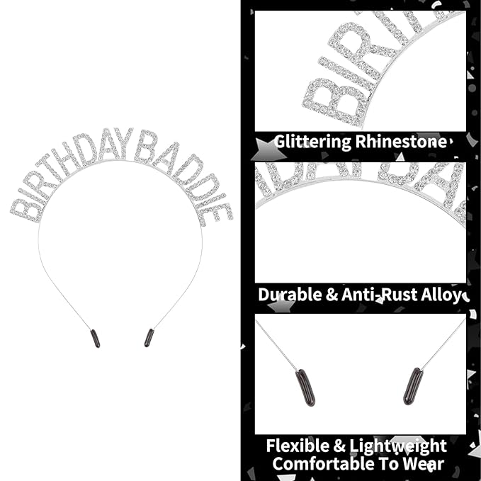 Canitor Birthday Baddie Sash Crown Set Birthday Party Favors Supplies Decorations & Accessories for Women Girl Men Adult Rhinestone Tiara Headband Soft Satin Sash