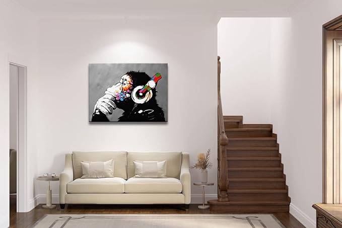 Wieco Art Cool Ape Banksy Graffiti Art Abstract Canvas Painting for Home Decor Canvas Wall Art for Living Room Decoration Animal Picture for Wall Decor & Office Decor