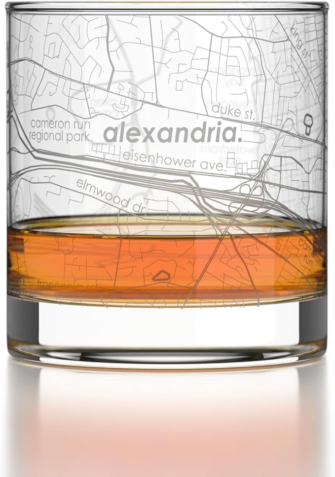 Well Told Engraved Alexandria Virginia Map Rocks Glass, Old Fashioned Glassware (11 oz, Clear) Etched Bourbon Tumbler, Gifts For Whiskey Lovers