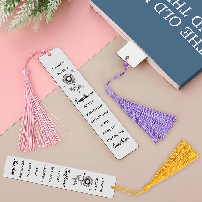 Quimoy Sunflower Gifts for Women Girls, Inspirational Gifts for Women, Sunflower Bookmark with 3 PCS Tassels for Christmas, Birthday, Valentine's Day, Thanksgiving, Graduation