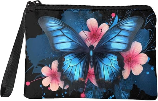 Dolyues Womens Coin Purse Black Change Pouch, Clutch Bags Card Cash Wallet, Zipper Around Coins/Phone Organizer Bag Storage Wallets Blue Butterfly and Pink Flower