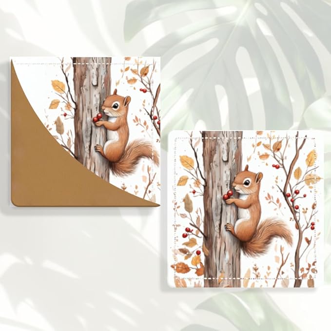 2PCS Leather Bookmarks 3.54 x 3.54 Inch Autumn Squirrel with Red Berries Design Reading Accessories for Books Journals Bibles Travel Diary Students Teachers and Book Lovers Gift