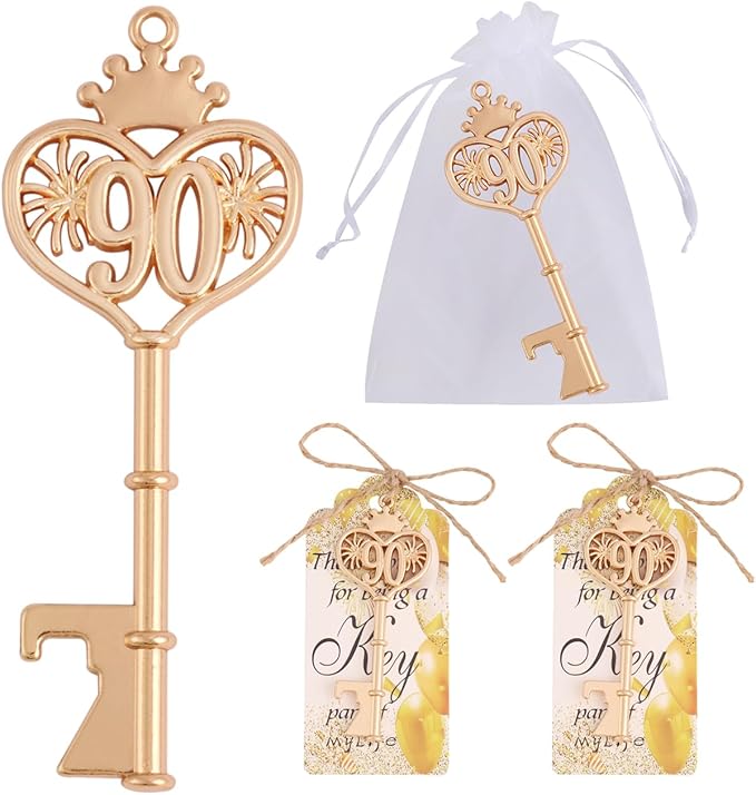 90 Birthday Party Favors Key Bottle Opener, 90th Beer Opener Keychain Favors for Guest with Organza Bags and Tags,Beer Keychain Bottle Openers for Birthday Party Decoration Supplies(gold-90)