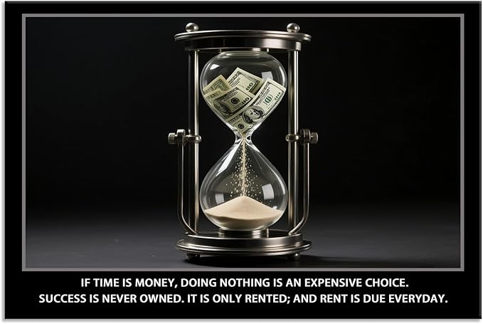 Time Is Money quote Inspirational Wall Art Cherish Motivational Wall Decor Hourglass Poster Canvas Painting Prints Wall Pictures for Home Office Gym Classroom Decor Framed Artwork [12''W x 18''H]