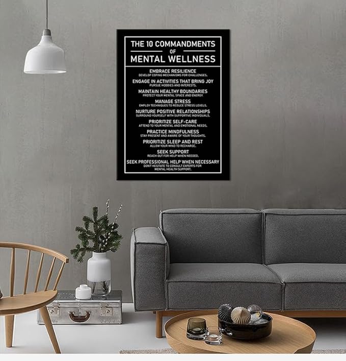 Motivational Canvas Wall Art The 10 Commandments Of Mental Wellness Inspirational Positive Growth Quote Poster Painting Prints for Office Living Room Home Decor Framed Artwork[30''W x 40''H]