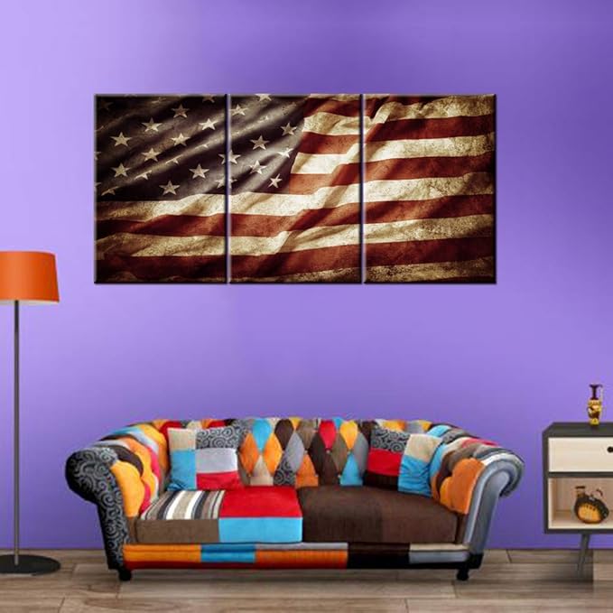 Vintage American Flag Paintings House Decorations Living Room Folds Creases USA Flag Artwork Stars Stripes Pictures 3 Panel Grunge Canvas Wall Art Framed Ready to Hang Posters and Prints(42''Wx20''H)