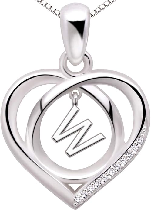 ALOV Jewelry Sterling Silver Initial Letter Alphabet Love Heart Cubic Zirconia Pendant Necklace