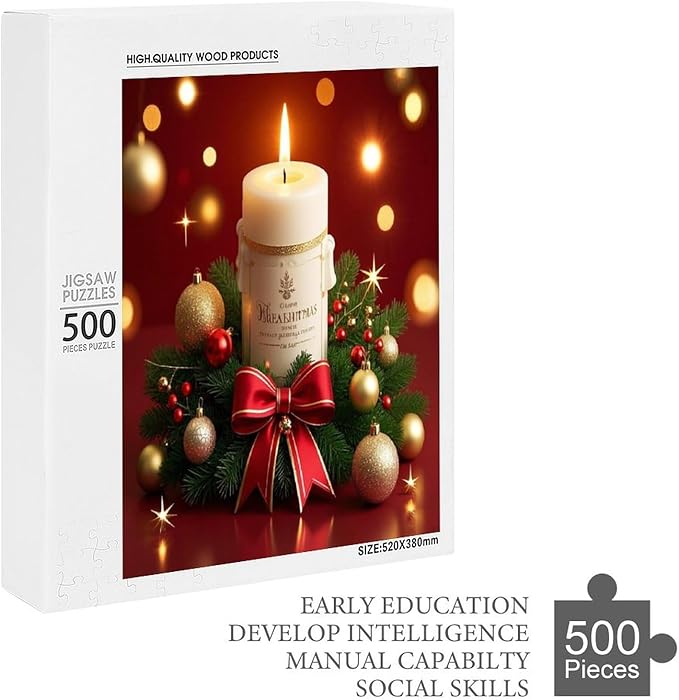 Christmas Atmosphere Candle Light, Merry Christmas Wooden Puzzle 500 Pieces Jigsaw Puzzles for Adults Puzzle Educational Toys Challenging Fun Games Gifts for Elders Kids Family and Friends