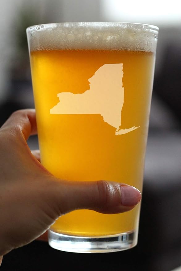 Bevvee New York State Outline Pint Glass for Beer - State Themed Drinking Decor and Gifts for New Yorker Women & Men - 16 Oz Glasses
