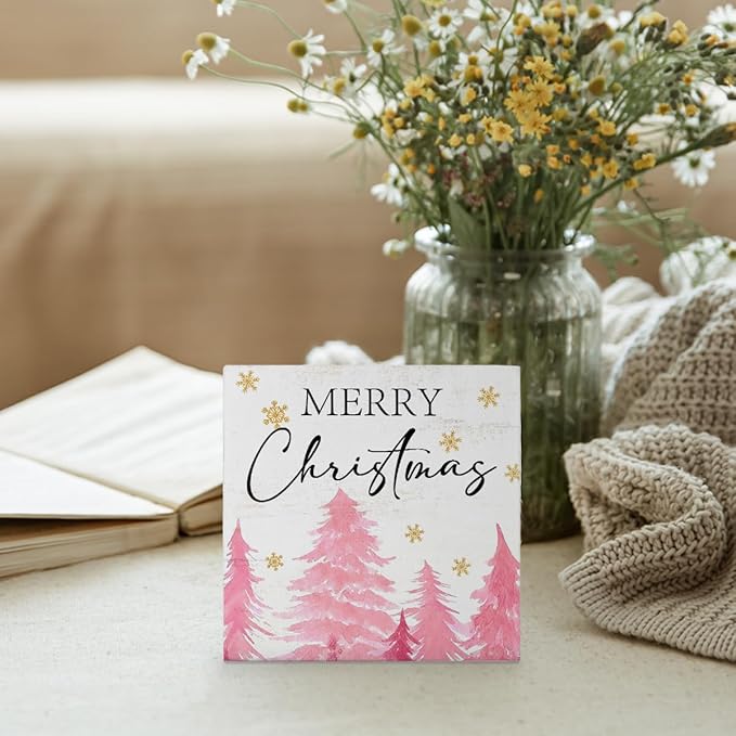 Mtrgdn Pink Christmas Decor Wooden Box Decor Sign,Rustic Merry Christmas Signs for Bedroom Bathroom Home Office Desk Shelf Table Wall Decor,Small Pink Xmas Tree Indoor Decorations Gifts for Women Girls,5x5 Inch