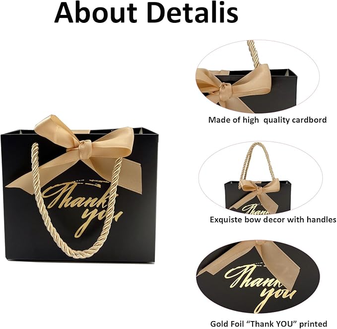 TKSBAG 50 Pack Small Thank You Gift Bags With Handles-5.5''x 2.5''x4.7'' Mini Black Gift Bags Bulk for Baby Shower, Birthday, Wedding