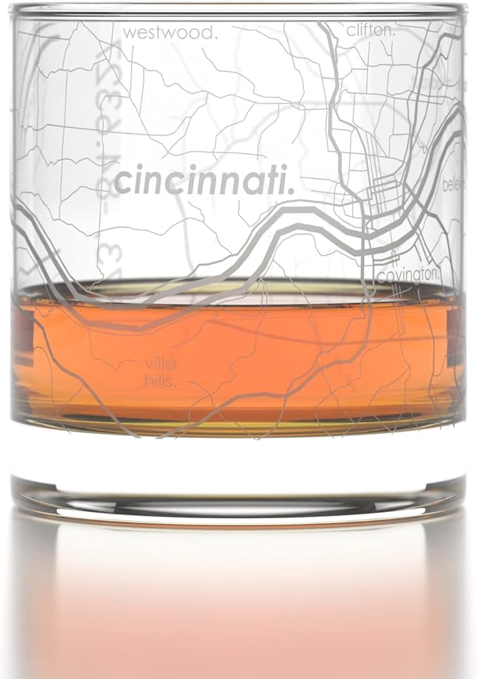 Well Told Engraved Cincinnati Ohio Map Rocks Glass, Old Fashioned Whiskey Glass (11 oz, Clear) Etched Whiskey Glass, Gifts For Whiskey Lovers