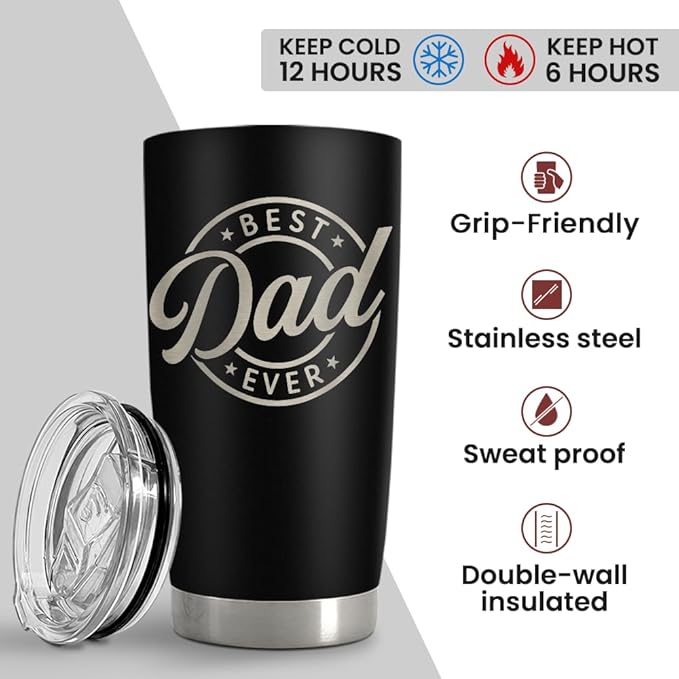 SANDJEST Best Dad Ever Tumbler with Lid - 20oz Insulated Stainless Steel Cup- Coffee Mug for Sport Travel Office, Gift for Father’s Day Birthday