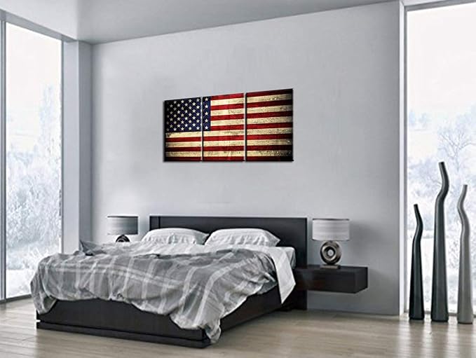American Flag Retro Paintings Red Blue Stripes Pictures for Living Room Patriotic Artwork 3 Panel Prints Wall Art on Canvas Modern Home Decorations Framed Gallery-Wrapped Ready to Hang(42''Wx20''H)