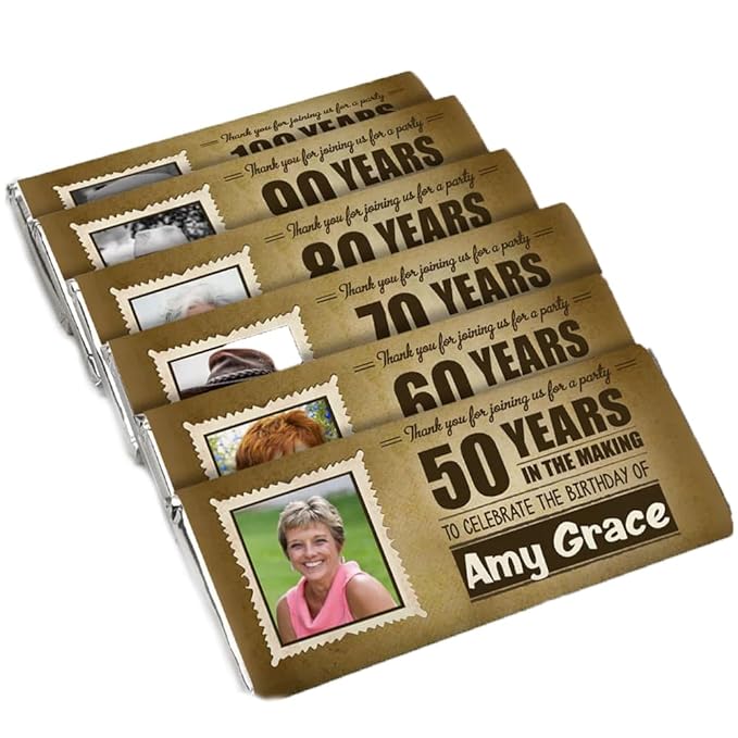 25 Pack of Personalized Milestone Birthday Party Favors For Adults - 50th 60th 70th 80th 90th 100th Birthday Candy Bar Wrappers - Candy Not Included - Personalize with Any Age